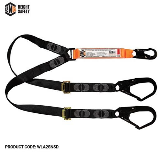 Picture of Shock Absorbing Webbing Lanyard Adjustable Double Leg; 1x Snap Hook, 2x Double Action Scaff Hook